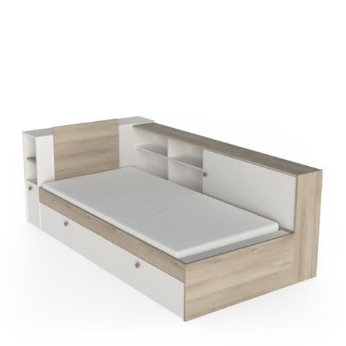 Demeyere Lit 90x190/200 Simple Avec Rangement 2 Porte 6 Niches 2 tiroirs – Blanc Mat und Chêne Clair 119,2 x 229,4 x 87,7 cm von Demeyere