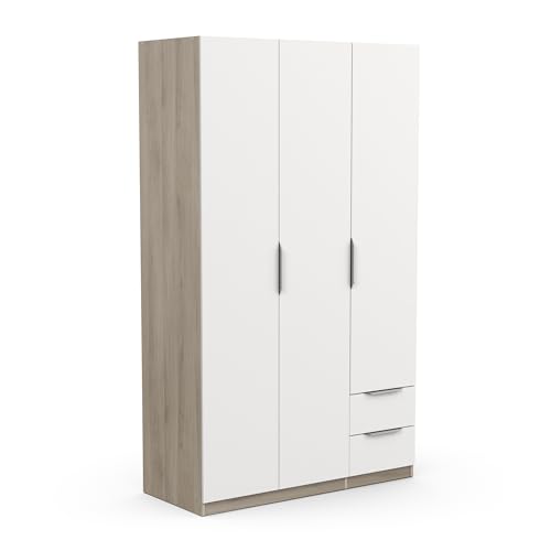 Demeyere Moderner Kleiderschrank, 3 Türen, 2 Schubladen, 4 Fächer, Farbe: Eiche Kronberg & Mattes Weiß, 119,4 x 51,1 x 203 cm, Holzwerkstoff, grau von Demeyere