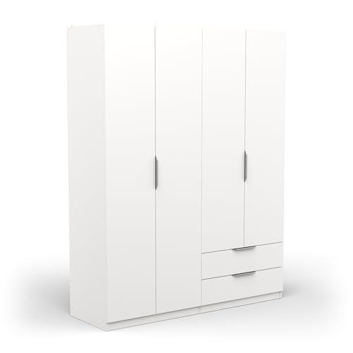 Demeyere 391370 Moderner Kleiderschrank, 4 Türen, 5 Einlegeböden, 2 Schubladen, Weiß, matt, 157,3 x 51,1 x 203 cm, Holzwerkstoff, grau von Demeyere