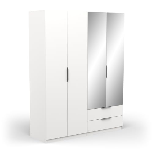 Demeyere Moderner Spiegel & Kleiderschrank 4 Türen 5 Einlegeböden 2 Schubladen – Farbe Weiß matt – 157,3 x 51,1 x 203 cm, Holzwerkstoff von Demeyere