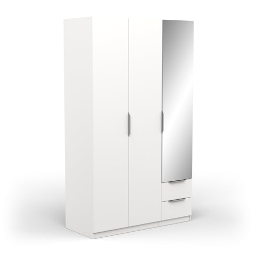 Demeyere Moderner Spiegel & Kleiderschrank mit 3 Türen, 2 Schubladen, 4 Fächern, Mattes Weiß, 119,4 x 51,1 x 203 cm, Holzwerkstoff, grau von Demeyere