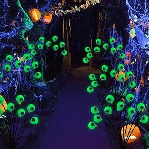 2 Packung Halloween Deko Outdoor, Solarleuchte Solar LED gruselige Augapfel Halloween Lichterkette, IP65 wasserdichte Solarlampen für Hof/Garten/Rasen/Party-Deko (10LED, Grün) von Demiawaking