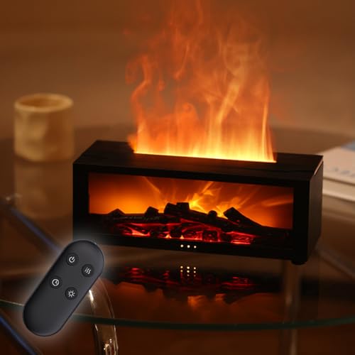 3D Flammen Aroma Diffuser mit LED Kamin, Geräuscharm Aroma Diffuser für Ätherische Öle mit 7-Farben-Licht, Luftbefeuchter mit Fernbedienung, 3 Timer Timing, Wasserlose Abschaltautomatik von Demiawaking