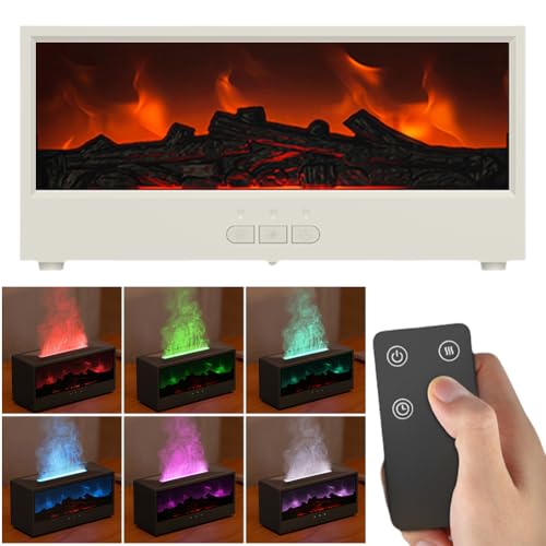 3D Flammen Aroma Diffuser mit LED Kamin, USB Leise Aroma Diffuser für Ätherische Öle mit 7-Farben-Licht, Luftbefeuchter mit Fernbedienung, 3 Timer, Wasserlose Abschaltautomatik (Weiss) von Demiawaking