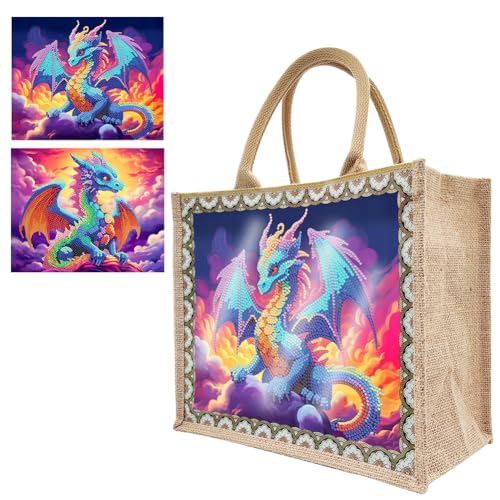 5D DIY Diamond Painting Tasche Leinen Set, Diamant Painting Handtasche Einkaufstasche Wasserdicht, DIY Diamant Malerei Organizer Tasche Geschenk, mit 2 Leinwand (Drache) von Demiawaking