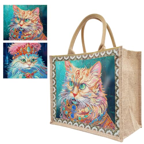 5D DIY Diamond Painting Tasche Leinen Set, Diamant Painting Handtasche Einkaufstasche Wasserdicht, DIY Diamant Malerei Organizer Tasche Geschenk, mit 2 Leinwand (Katze) von Demiawaking