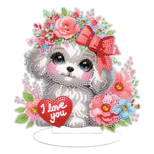 5D DIY Diamond Painting Tischdeko Blumen Rose Set, Diamant Malerei Tisch Deko Strauß Vase Ornament, Diamant Painting Geschenk (Hund 02) von Demiawaking