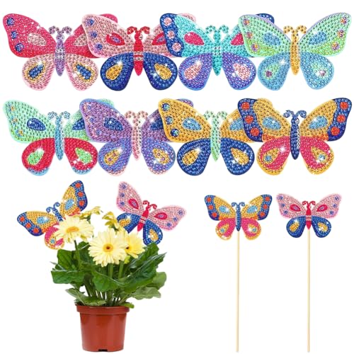 8Pcs DIY Diamond Painting Blumenstecker Gartenstecker, Diamant Painting Blumentopf Deko Gartendeko, Gartenpfähle Schmetterling Stangen Garten Ornamente (Schmetterling) von Demiawaking