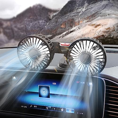 Demiawaking 12V 24V Auto Ventilator Geräuscharmer 360 Grad Rotation USB 3-Gang Geschwindigkeit Auto Lüfter Kühler mit Saugnapf für Auto SUV LKW (USB Doppelkopf) von Demiawaking