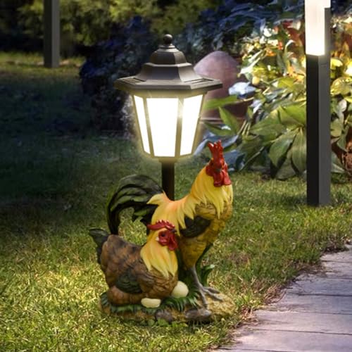 Demiawaking Solar Gartenfiguren Gartenstatuen LED, Harz, Garten Statue Solarlampen für außen, Gartendeko Beleuchtung, Deko Lampe Solarleuchten für Garten, Hof (Hahn und Henne) von Demiawaking