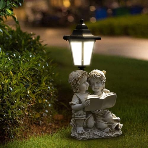 Demiawaking Solar Gartenfiguren Gartenstatuen LED, Harz, Garten Statue Solarlampen für außen, Gartendeko Beleuchtung, Deko Lampe Solarleuchten für Garten, Hof (Junge und Mädchen) von Demiawaking