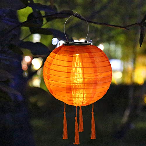 Demiawaking Solar-LED-Laterne für den Garten, rund, wasserdicht, mit Quasten, zum Aufhängen, für den Balkon und den Außenbereich, Partydekoration (Orange, 30 cm) von Demiawaking
