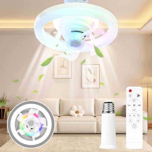 Demiawaking Ventilator LED Deckenleuchte mit Ventilator, Universal E27 LED Deckenventilator mit Lampe mit Fernbedienung 3 Geschwindigkeiten Dimmbar, 3200-6500 K (Mit Sockel) von Demiawaking