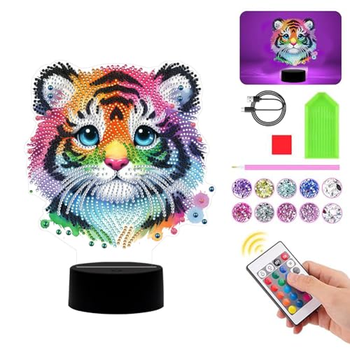 Diamond Painting Nachtlicht Tiere Geschenk, Diamond Painting Lampe Bastelset Kinder, DIY Diamond Painting Tiere Nachtlicht 7 Farben Licht LED Nachttischlampe Tischlampe (Tiger) von Demiawaking