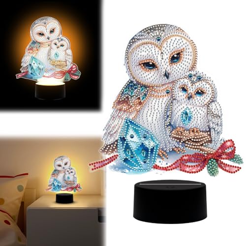 Diamond Painting Nachtlicht Tischdeko, Diamant Malerei Nachttischlampe Tischlampe LED Deko, DIY 5D Diamant Painting Lampe für Kinder Geburtstag Geschenke (Eule 02) von Demiawaking