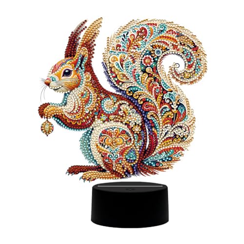 Diamond Painting Nachtlicht Tischdeko Tiere, Diamant Malerei Nachttischlampe Tischlampe LED Deko Set, DIY 5D Diamant Painting Lampe für Kinder Geburtstag Geschenke (Eichhörnchen) von Demiawaking