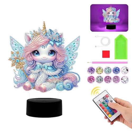 Diamond Painting Nachtlicht Tischdeko Tiere, Diamant Malerei Nachttischlampe Tischlampe LED Deko Set, DIY 5D Diamant Painting Lampe für Kinder Geburtstag Geschenke (Einhorn 04) von Demiawaking