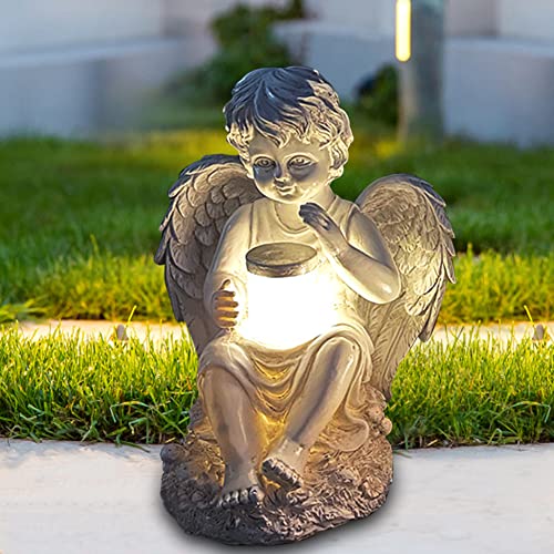Gartendeko Angel Elf Figur mit LED Solar, Solarleuchte für Außen, Wasserdicht Gartenfiguren Elf Skulptur Fee Garten Statue, Deko Lampe für Outdoor Indoor (Junge Engel) von Demiawaking