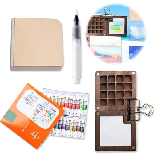 Reise Aquarellfarben Set, Mini-Aquarell-Paletten-Set, Wasserfarben Paint Set Mit Skizzenbuch, Clips, Stift, Tragbar Aquarell-Set für Künstler Studenten Hobbymaler (15 Gitter + 24 Aquarell) von Demiawaking