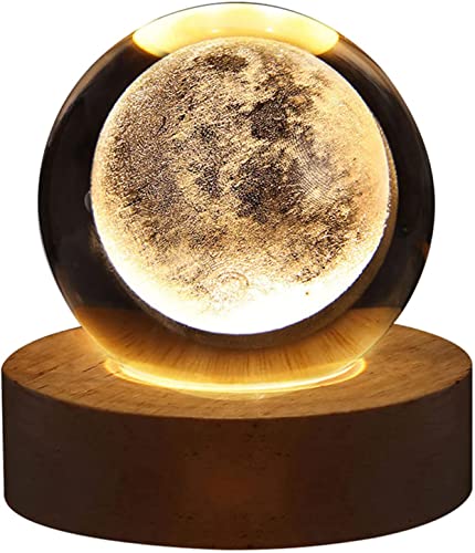 USB 3D Kristallkugel mit Holzsockel 3D Sonnensystem mit LED, Tischdeko Planet Lampe Nachtlicht, Geburtstag Kinder Geschenke, Party Deko (Mond) von Demiawaking