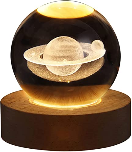 USB 3D Kristallkugel mit Holzsockel 3D Sonnensystem mit LED, Tischdeko Planet Lampe Nachtlicht, Geburtstag Kinder Geschenke, Party Deko (Saturn) von Demiawaking