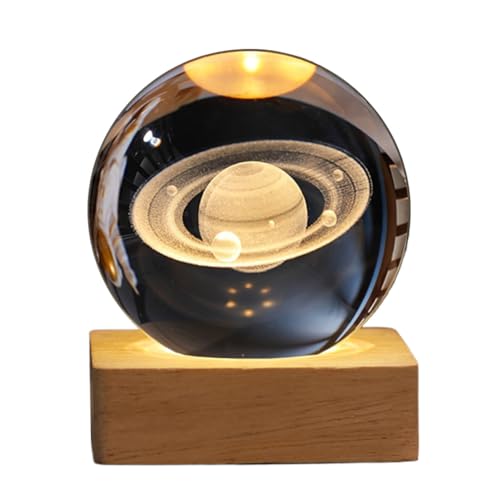 USB 3D Kristallkugel mit Holzsockel 3D Sonnensystem mit LED, Tischdeko Planet Lampe Nachtlicht, Geburtstag Kinder Geschenke, Party Deko (Saturn mit Quadrat Holzsockel) von Demiawaking