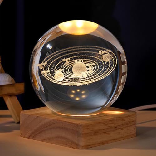USB 3D LED Kristallkugel Nachtlicht mit Holzsockel, 2 in 1 Nachtlicht Projektor, Planet Tischdeko Nachtlampe Deko Lampe, Erwachsene Kinder Geschenk (Sonnensystem mit Quadrat Holzsockel) von Demiawaking