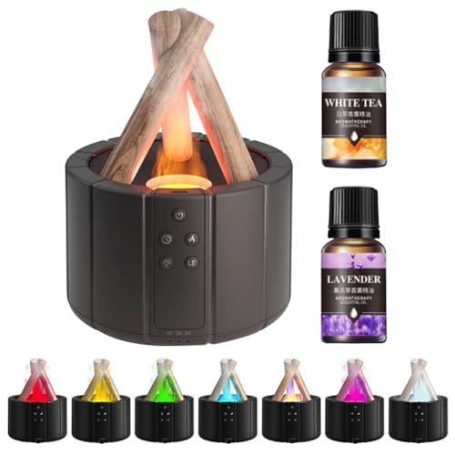 USB Aroma Diffuser mit LED Lagerfeuer, 3D Feuer Luftbefeuchter Luftdiffusor Duftöle für Ätherische Öle, LED Nachtlicht, Mit 2 Ätherische Öle, Wasserlose Abschaltautomatik (Schwarz, 7 Farben Licht) von Demiawaking