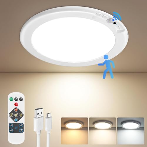 Akku Deckenleuchte Aufladbar mit Bewegungsmelder LED Lampe Batterie Deckenlampe Innen Ohne Stromanschluss USB Kabellose Licht mit Fernbedienung 3 Farbtemperaturen für Badezimmer Keller Flur Garage von Demkia