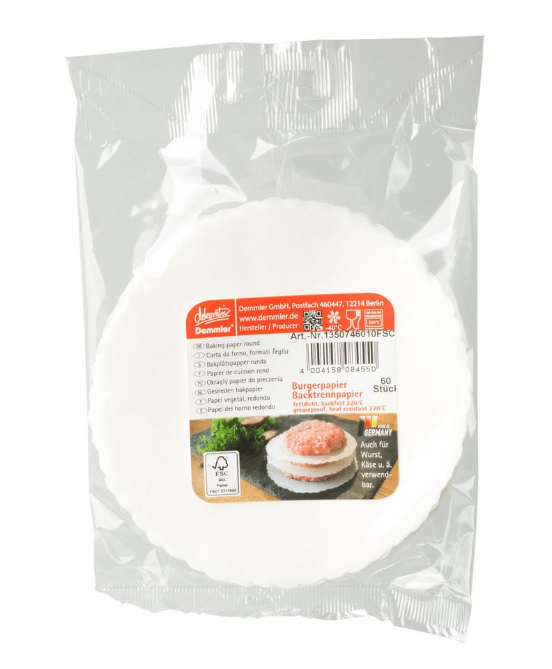 Demmler Backpapier 60 Stk. Burgertrennpapier - Ø13cm, zum Trennen von Käse, Wurst oder Burger - Made in Germany Demmler Backpapier 60 Stk. Burgertrennpapier - Ø13cm, zum Trennen von Käse, Wurst oder Burger - Made in Germany von Demmler