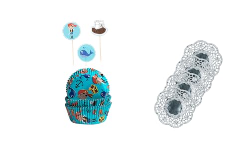 Demmler Muffinförmchen Set Piraten - Cupcakeförmchen mit den Motiven Piraten und 12 Pickern inklusive 4 Tassendeckchen in der Farbe Silber - Maße: 5 x 5 x 2,5 cm - Insgesamt 60 Stück - Made in Germany von Demmler