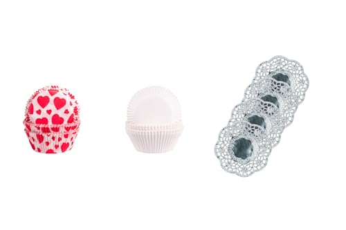 Demmler Muffinförmchen Set Herz - Cupcakeförmchen mit den Motiven Herz-Motiv & weiße Tulip-Wraps inklusive 4 Tassendeckchen in Silber - Maße: 5 x 5 x 2,5 cm - Insgesamt 84 Stück - Made in Germany von Demmler