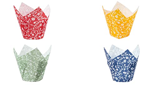 Demmler Muffin-Tulip-Wraps Set - Cupcakeförmchen in Rot, Mango, Jade, Blau mit je weißen Ornamenten - Maße: 5 x 5 x 9 cm - Insgesamt 96 Stück - Made in Germany von Demmler