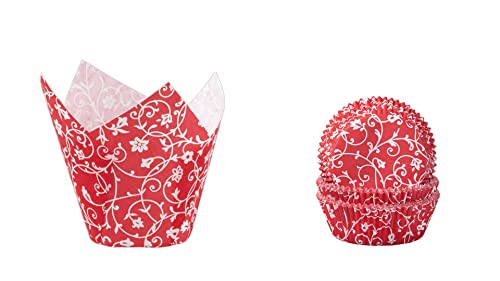 Demmler Muffinförmchen - Cupcakeförmchen Set in rot aus klassischen Muffinförmchen und Tulip-Wraps mit weißem Classico Desgin - 84 Stück - Made in Germany von Demmler