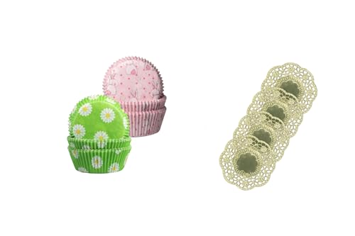 Demmler Muffinförmchen Set April - Cupcakeförmchen mit den Motiven Gänseblümchen und Osterhase inklusive 4 Tassendeckchen in Gold - Maße: 5 x 5 x 2,5 cm - Insgesamt 120 Stück - Made in Germany von Demmler