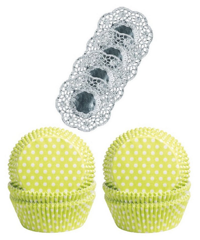 Demmler Muffinform 2er Set Punkte Weiß/Lemon - Inklusive Tassendeckchen in SIlber, zum Dekorieren und Backen von Muffins - Made in Germany von Demmler