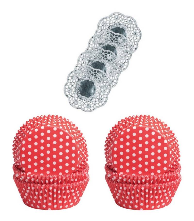 Demmler Muffinform 2er Set Punkte Weiß/Rot - Inklusive Tassendeckchen in Silber, zum Dekorieren und Backen von Muffins - Made in Germany von Demmler