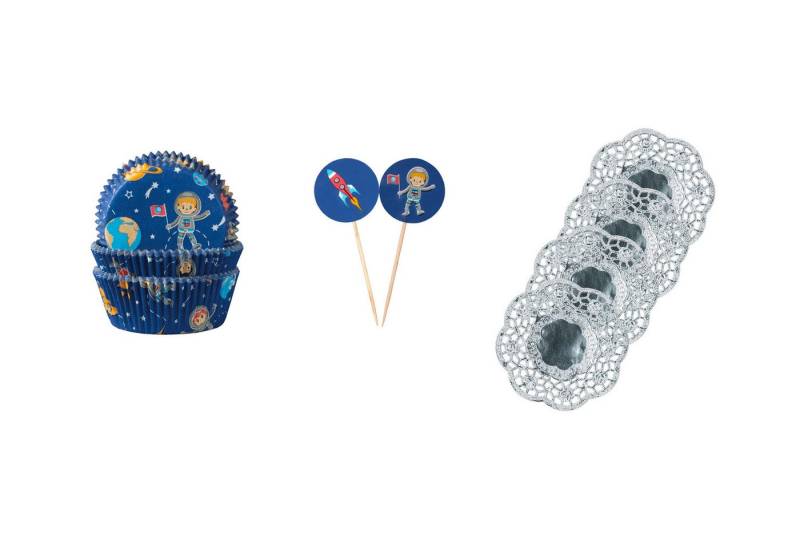 Demmler Muffinform Muffin + Picker Set - Weltraum - mit silbernen Tassendeckchen, einfaches Backen und Dekorieren von Muffins und mehr - Made in Germany von Demmler