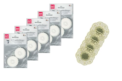 Demmler Tropfringe/Tropffänger 5er Set - Zum Abfangen von herunterlaufenden Tropfen - Farbe: Weiß - Insgesamt 150 Stück - inklusiv 4 goldenene Tassendeckchen - Made in Germany von Demmler