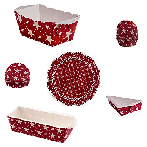 Demmler Weihnachtsbundle Weiße Sterne - Mini-Backform - Tarte Backform - Tortenstück - Muffinförmchen - Tortenspitze - Königskuchenform - rot mit weißen Sternen - Made in Germany von Demmler