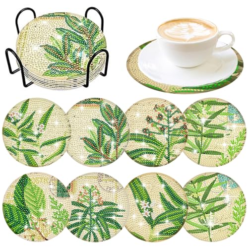 8 Stück Blätter Diamant Untersetzer mit Halter DIY Grün Blätter Diamant Kunst Untersetzer Diamant Untersetzer Runde Tasse Untersetzer für Erwachsene Diamant Kits Supplies von Demonwer