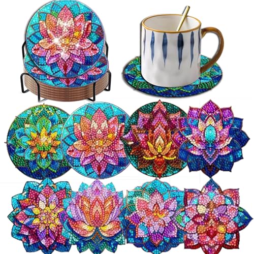 8 Stück Lotus Diamant Untersetzer mit Halter DIY Niedliche Lotus Diamond Art Untersetzer 5D Lotus Diamant Untersetzer für Anfänger Erwachsene für Winter Weihnachten Urlaub Geschenk von Demonwer