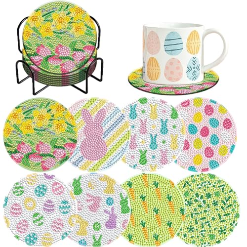 8-teiliges Oster-Diamant-Untersetzer-Set mit Halter, DIY-Osterhasen-Diamant-Kunst-Untersetzer für Erwachsene, Diamant-Kits, Zubehör für Frühling, Ostergeschenk von Demonwer