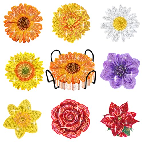 8 Stück Blumen-Diamant-Untersetzer mit Halter, DIY bunte Blumen-Diamant-Kunst-Untersetzer, 5D-Diamant-Untersetzer für Erwachsene, Diamant-Kits, Zubehör von Demonwer