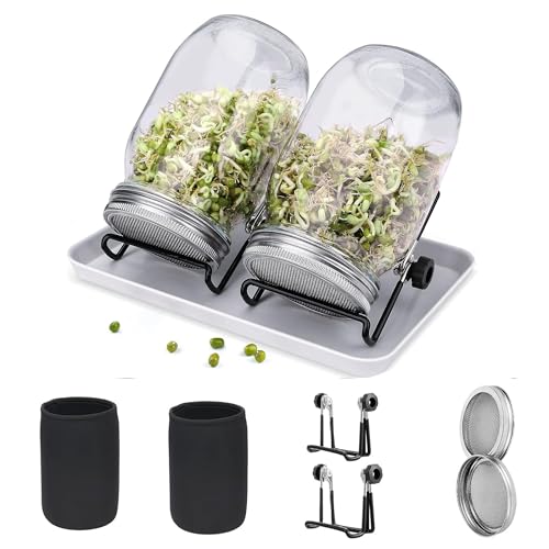 Demoyaya Sprossen-Einmachgläser, Samenkeimgerät-Set, 2 Sprossen-Einmachgläser mit Edelstahl-Siebdeckeln, Ständern, Keimgerät-Set, Sprossenglas-Set zum Keimen von Samen, Brokkolibohnen Demoyaya Sprossen-Einmachgläser, Samenkeimgerät-Set, 2 Sprossen-Einmachgläser mit Edelstahl-Siebdeckeln, Ständern, Keimgerät-Set, Sprossenglas-Set zum Keimen von Samen, Brokkolibohnen von Demoyaya