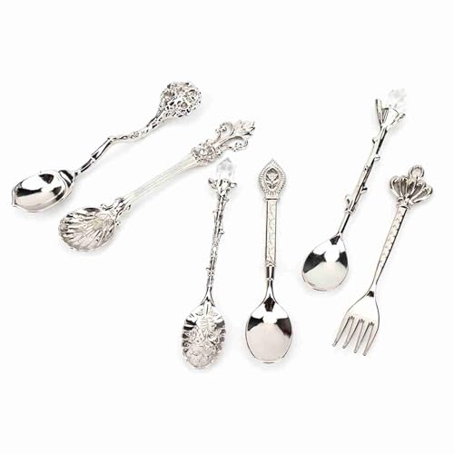 Denash Praktische Vintage Spoon Fork Set Europäischer Gerichtstil Exquisites Muster Tabelle Zum Mischen von Getränken Cocktails Milch Kaffee Home Küchenbar (Silber (Kronengabelgriff)) von Denash
