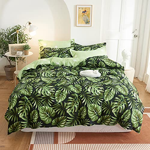 Bettwäsche-Set für Doppelbett, Bettbezug mit Reißverschluss, Monstera Dschungelblätter, 1 Bettbezug 220 x 240 cm und 2 Kissenbezüge 50 x 75 cm, grün schwarz von Dencalleus