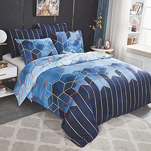 Dencalleus Bettwäsche-Set Geometrisch, 1 x Bettbezug 200x200 cm mit 2 x Kissenbezügen 50x70 cm, Weiche Bedding Set 3teilig Kuschelige Bettwäsche Set mit Reißverschluss, Blau von Dencalleus