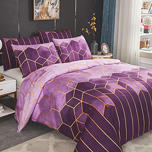 Dencalleus Bettwäsche-Set Geometrisch, 1 x Bettbezug 200x200 cm mit 2 x Kissenbezügen 50x70 cm, Weiche Bedding Set 3teilig Kuschelige Bettwäsche Set mit Reißverschluss, Lila von Dencalleus