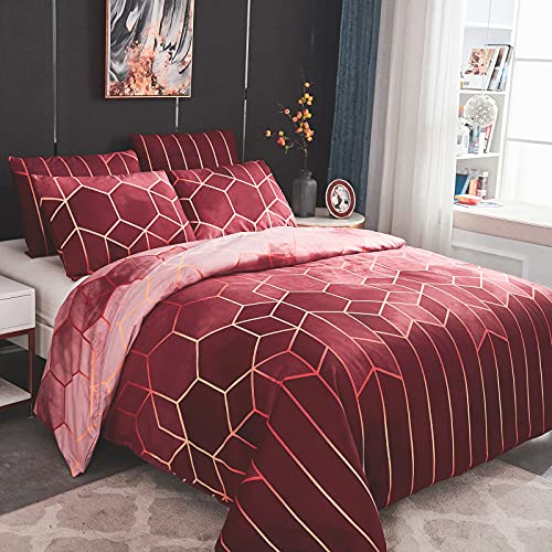 Dencalleus Bettwäsche-Set Geometrisch, 1 x Bettbezug 200x200 cm mit 2 x Kissenbezügen 50x70 cm, Weiche Bedding Set 3teilig Kuschelige Bettwäsche Set mit Reißverschluss, Rosa Rot von Dencalleus